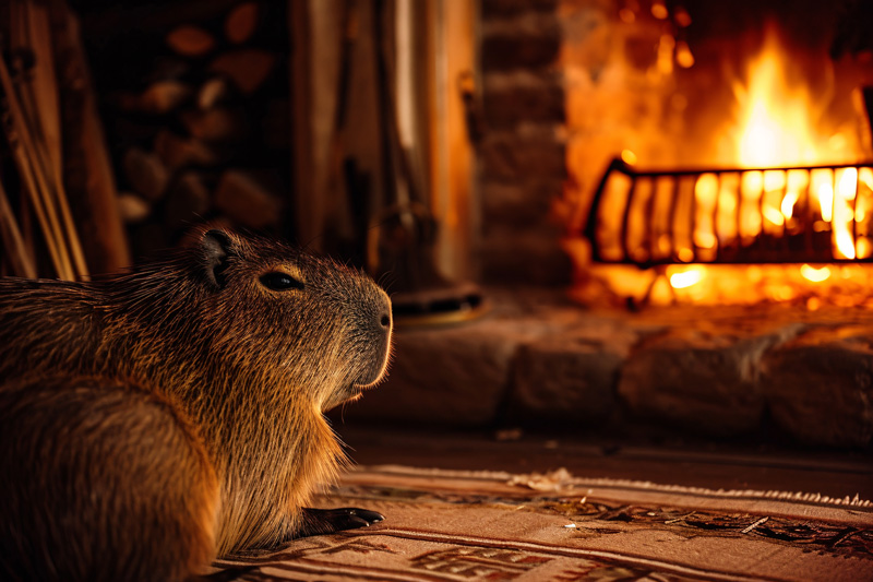 rodent laying on a rug in front of a fireplace