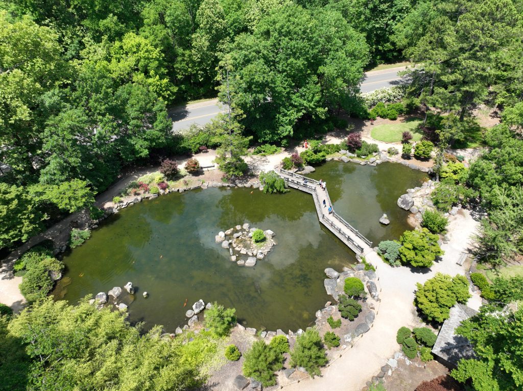 an aerial view of the koi pond at the Birmingham Botanical Gardens on a spring afternoon